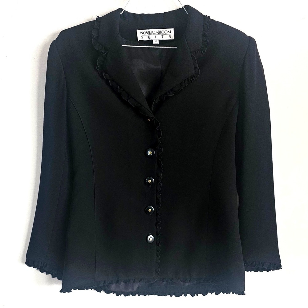 Vintage Noviello Bloom Black Wool‎ Ruffle Collar Button Blazer Womens Size 12